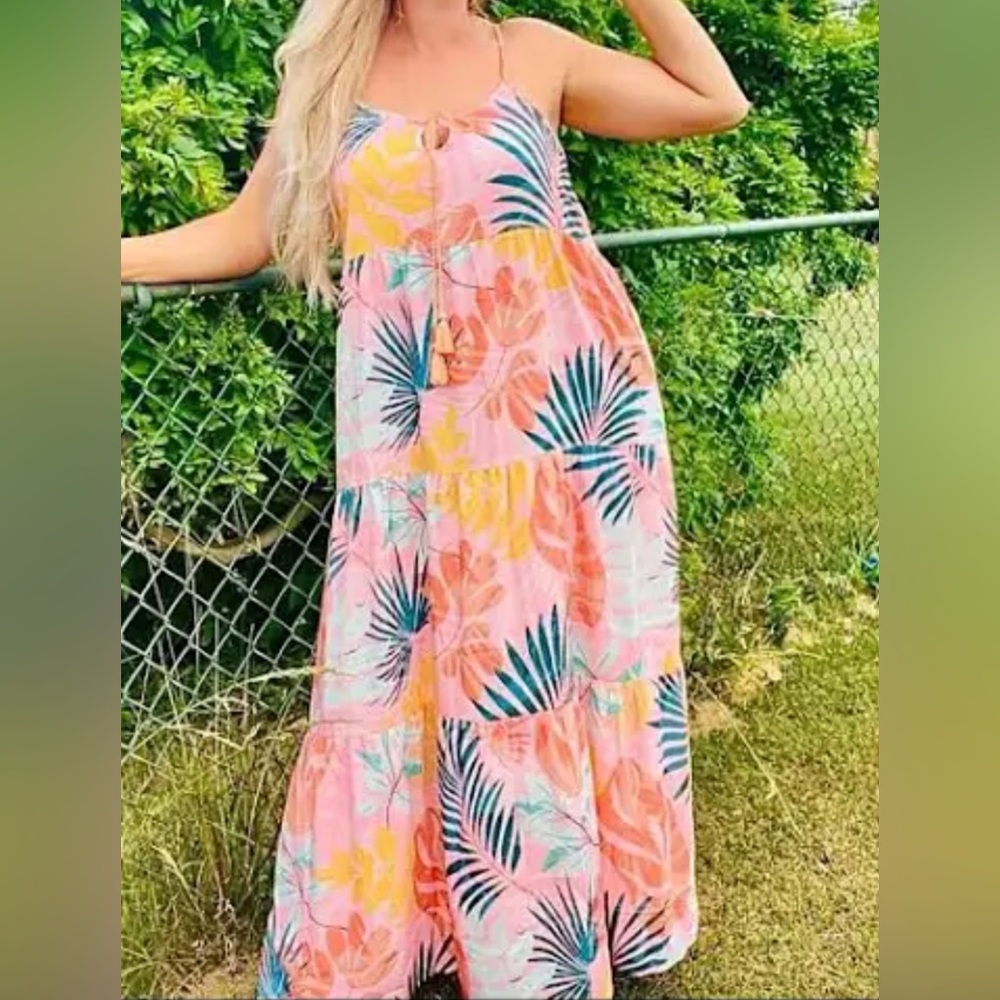 Tropical Print Spaghetti Strap Dress